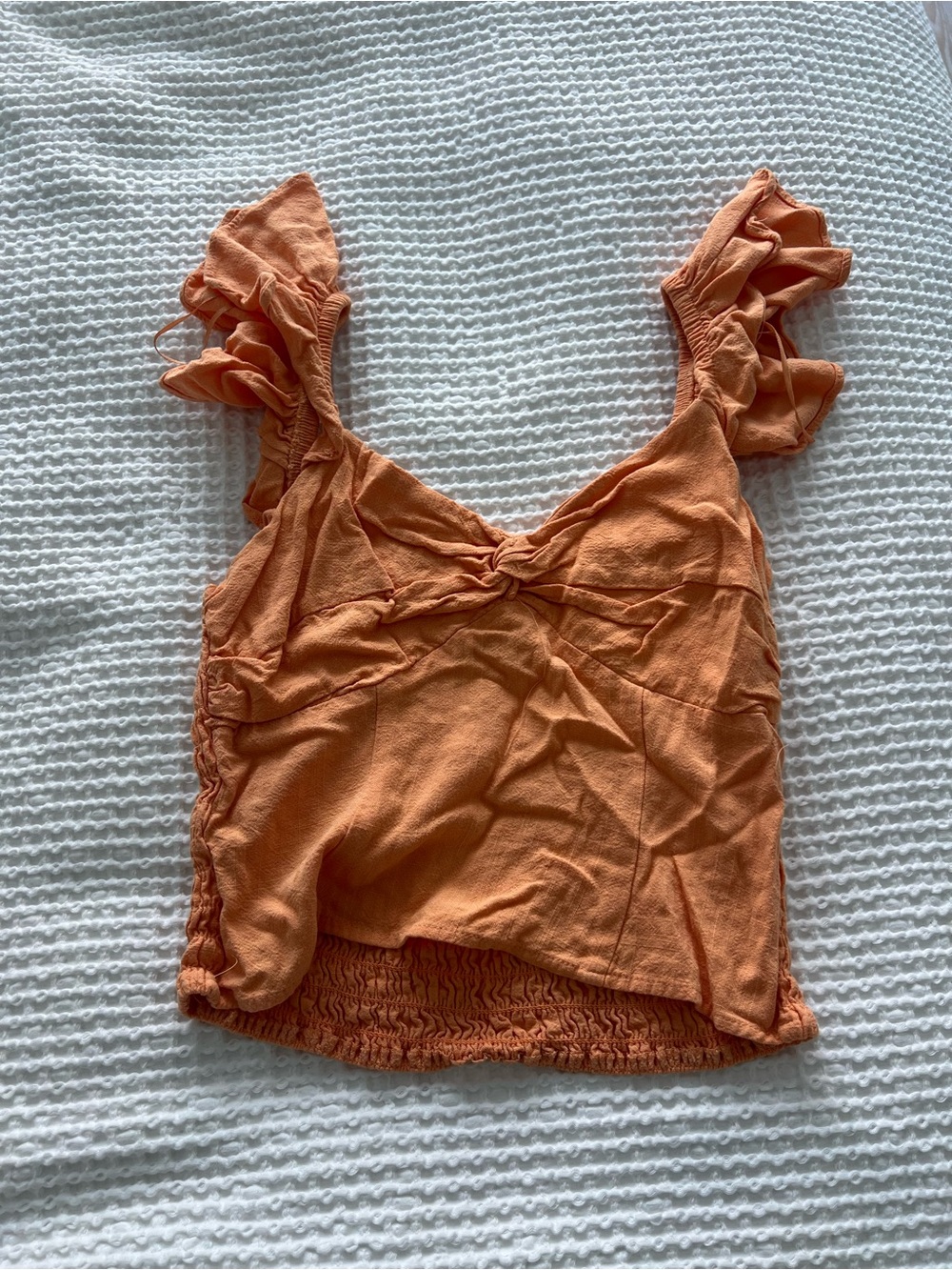 Sienna Sky Orange Ruffle-Strap Knot Front Crop Top